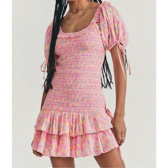 LOVESHACKFANCY Violet Mini Dress‎ in Melon Punch Size Large NWT - Picture 1 of 13